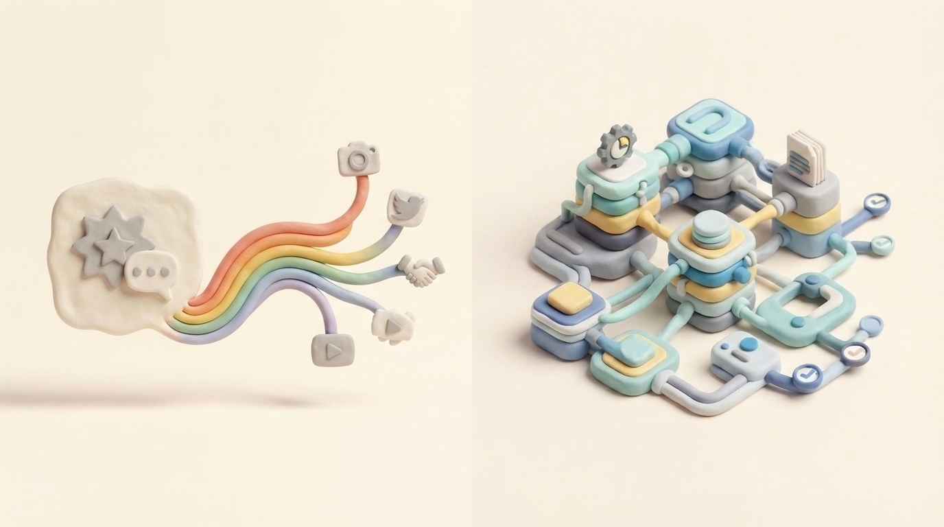 Handmade clay chat-to-social route beside connected visual workflow modules